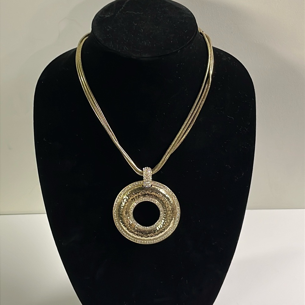 RHINESTONE 7 HAMMERED GOLD Evening Glam Glitzy Medallion Snake Chain Necklace